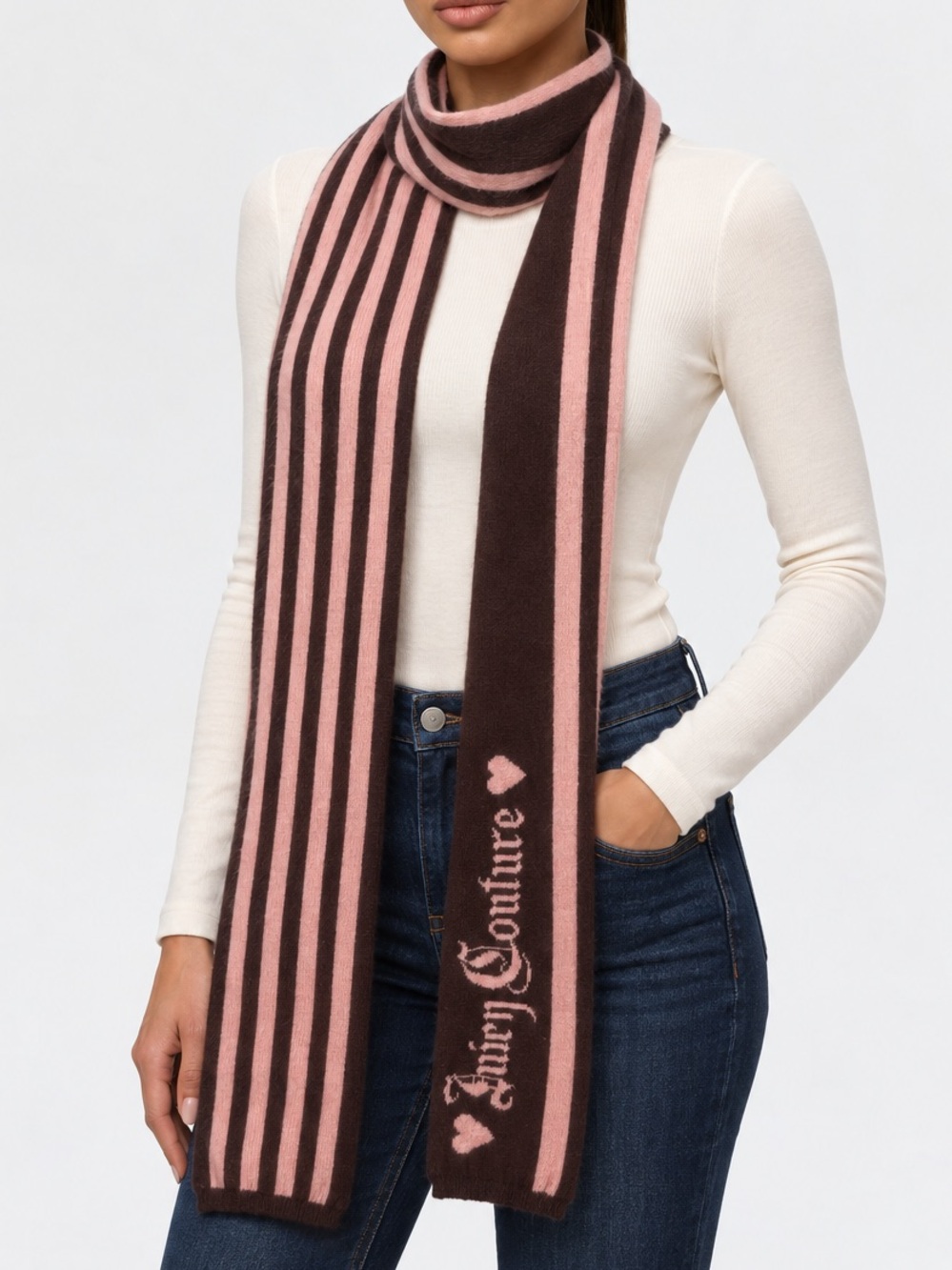 Vintage Y2K McBling Pink Brown Striped Knit Logo Scarf Coquette Preppy